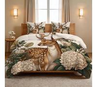 Couette 220 x 240 cm Lit 2 Personnes, Édredon Pastoral Fleur, Couette Matelassée Réversible 220 GSM en Coton Lavé, Animal Cerf Sika Plante Feuille Parure de Lit pour Enfants et Adultes - Multicolore