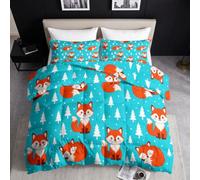 Couette 220 x 240 cm Turquoise Enfant Couette 4 Saisons, Mignon Hiver Forêt Animal Renard Tempérée Couette sans Housse, Illustration Dessin Animé Edredon Anti Allergie pour Lit 2 Personne
