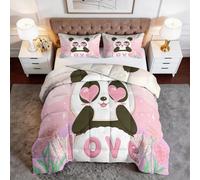 Couette 220x240 cm Animal Yeux Cœur Rose Panda pour Lit 2 Personnes, Edredon Cartoon Pop Art Réversible 4 Saisons, Couverture pour Cadeaux Saint-Valentin Femmes Filles, Couette sans Housse