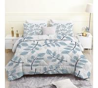 Couette 220x240 cm Feuille Blanche 4 Saisons Plante Grise Bleue Edredon Légère Réversible 2 Taies d'Oreiller 65x65 cm