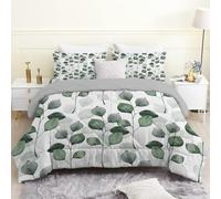 Couette 220x240 cm, Feuilles Vert Foncé Couette Imprimée 4 Saisons pour Lit 2 Personnes, Plantes Grises Edredon Couette Legere - Réversible Couette Sans Houss et 2 Taies d'oreiller 65x65 cm, A4