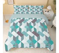 Couette 220x240 cm Grille Bleue, Couette Imprimée Géométrie 4 Saisons pour Lit 2 Personnes, Edredon Réversible Couette Legere Couette sans Houss et 2 Taies d'oreiller 65x65 cm