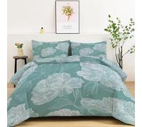 Couette 220x240 cm Imprimée Art linéaire pivoine blanche botanique 4 Saisons pour Lit 2 Personnes, Lavable en Machine Couette Vert sauge - Edredon Réversible - Sans Housse avec 2 Taies d'Oreiller