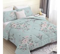 Couette 220x240 cm Imprimée Florale Bleue 4 Saisons pour Lit 2 Personnes - Roses Edredon Léger Réversible Sans Housse avec 2 Taies d'Oreiller 65x65 cm