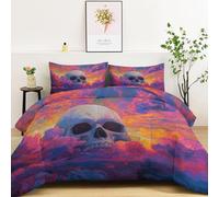 Couette 220x240 cm Imprimée Surréaliste Gothique Ciel Nuage Crâne 4 Saisons pour Lit 2 Personnes, Lavable en Machine Couette Rose - Edredon Réversible Légère - Sans Housse avec 2 Taies d'Oreiller