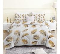 Couette 220x240 cm, Plantes Blanches Couette Imprimée 4 Saisons pour Lit 2 Personnes, Feuilles Palmier dorées Edredon Couette Legere, Réversible Couette sans Houss et 2 Taies d'oreiller 65x65 cm