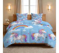 Couette 230 x 220 cm Imprimée 4 Saisons, Couette sans Housse Cartoon Étoiles - Réversible Edredon Arc En Ciel Licorne Nuages, Parure de Lit 2 Personnes avec 2 Taies d'oreiller, pour Enfant Fille