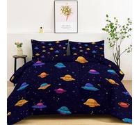 Couette 240 x 260 cm 4 Saisons, Couette sans Housse Enfant Motif Dessin Animé Vaisseau Planètes Mignon, Édredon Double Chaud Respirant Confortable avec 2 Taie d'oreiller 65 x 65 cm, Bleu Foncé