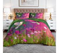 Couette 240 x 260 cm 4 Saisons, Couette sans Housse Réversible Imprimée Onirique Cartoon Animaux Fleurs Colombe, Édredon pour Femmes Observatrices Romantiques Lavable Rose et 2 Taie d'oreiller