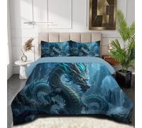 Couette 240X220Cm 4 Saisons Bleu Foncé, Couette Légère Microfibre Pour 2 Personnes Dragon Oriental Fantastique En 3D, Hypoallergénique Edredon Chaude Imprimée Chutes D'Eau Paysages Garnissage 200G/M²