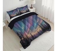Couette 240x220cm Aurores Boréales, Couette Imprimée Naturellement Forêt Pins 4 Saisons en Microfibre Legere et Chaud, Edredon Multicolore pour Lit 2 Personnes avec 2 Taies d'oreiller 65x65 cm