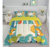 Couette 240X220Cm Carte De Vœux Dinosaure Imprimée Animal De Dessin Animé 4 Saisons pour Lit 2 Personnes, Edredon Réversible Légère Bleu Clair, sans Housse, avec Taies d'oreiller 65X65 Cm