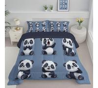 Couette 240x220cm Dessin Animé Panda Couettes pour 2 Personnes, Édredon 200Gsm pour 4 Saisons, Simple Drôle Animal Couette Imprimée en Microfibre avec 2 Taie d'oreiller 65X65Cm