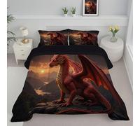 Couette 240X220Cm, Dragon Coucher Soleil Couette Imprimée Pour 4 Saisons Edredon Legere Duvet 2 Personnes En Microfibre, Animalier Fantastique Brun Rougeâtre Réversible Duvet Et Taies D'Oreiller