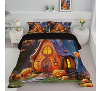 Couette 240X220Cm - Édredon Imprimée Maison Citrouille D'Halloween Forêt De Dessins Animés Réversible - Couette Sans Housse Pour 4 Saisons - Édredon Douce Et Taies D'Oreiller 65X65 Cm - Orange