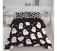 Couette 240X220Cm Fantôme De Dessin Animé Imprimée Halloween Mignon 4 Saisons pour Lit 2 Personnes, Edredon Réversible Légère Noir Et Blanc, sans Housse, avec Taies d'oreiller 65X65 Cm