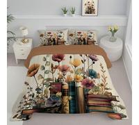 Couette 240X220Cm Floral Champêtre Imprimée Livre Vintage 4 Saisons pour Lit 2 Personnes, Edredon Réversible Légère Crème, sans Housse, avec Taies d'oreiller 65X65 Cm