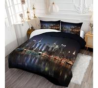 Couette 240x260cm 4 Saisons Couette Imprimée Gratte-Ciels Parure de lit Scène Nocturne De New York pour lit 2 Personnes Edredon Légère, sans Housse, avec 2 Taies d'oreiller 65x65 cm, Noir