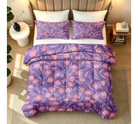 Couette 240x260cm Motif Floral Tulipe Imprimée Couette sans Housse | Réversible Couette Violet Rose Botanique 4 Saisons 2 Personnes Super Douce Respirante Edredon avec 2 Taies d'oreiller L129
