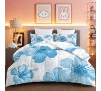 Couette 260 x 240cm Couette Réversible Lit Fleurs d'hibiscus fraîches Toucher Plume Duvet Microfiber Édredon Chaude Légere Qualité Tempérée Bleu
