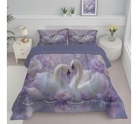 Couette 260x230cm 4 Saisons Couette Cygnes Blancs Amoureux Parure de lit Perles Et Fleurs pour lit 2 Personnes Edredon Légère, sans Housse, avec 2 Taies d'oreiller 65x65 cm, Lavande