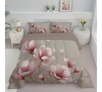Couette 260x230cm 4 Saisons Couette Papillon Magnolia Parure de lit Fleurs Chinoises pour lit 2 Personnes Edredon Légère, sans Housse, avec 2 Taies d'oreiller 65x65 cm, Beige Marron