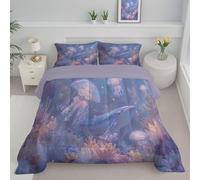 Couette 260X230Cm Bleu Clair Couette 4 Saisons En Microfibre 2 Personne Avec Motifs Méduses Coraux Et Baleines Illustrations Scènes Sous-Marines Couettes Sans Housse,Lavable Machine Et Taie D'Oreiller