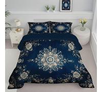 Couette 260X230Cm Motif Floral Rayonnant Edredon Motifs Européens Classiques Couette Pour 2 Personnes, Douce Lavable Couettes 4 Saisons Avec Taie D'Oreiller 65X65Cm, Couettes Sans Housse Bleu Marine
