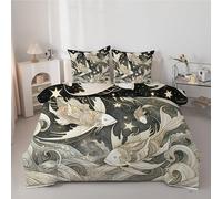 Couette 260x240 cm Motifs Rétro - Couette Imprimée Poisson 4 Saisons en Microfibre Duvet 240x260 Legere et Chaud, Edredon Noir pour Lit 2 Personnes avec 2 Taies d'oreiller 65x65 cm