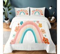 Couette 4 Saisons 140 x 200 cm Arc En Ciel Bohémien Fleurs Couettes Imprimée pour lit 2 Personnes, Blanc Couette Réversible sans Housse Lavable en Machine Couettes Légère avec 2 Taies d'oreiller