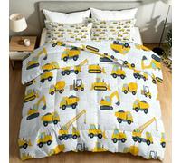Couette 4 Saisons 140 x 200 cm Cartoon Enfants Illustration Parure de lit sans Housse Chaude, Mignon Véhicules Chantier Pelleteuse Réversible Couettes, Gris en Machine Duvet pour Enfants Adultes