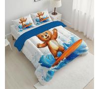 Couette 4 Saisons 140x200 cm Bleu, Couette Imprimée Petit Ours En Train De Surfer ! pour lit 1 Personnes, Couettes Réversible Mignon Dessin Animé sans Housse, Couettes Lavable en Machine Légère 200GSM