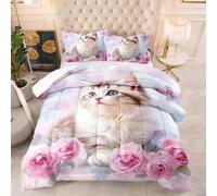 Couette 4 Saisons 200X200 Chat Rose Microfibre Imprimée, 200Gsm, Lavable avec 2 Taies D’Oreiller 50X75