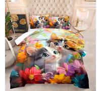 Couette 4 Saisons 200X200 Fleur Chat Microfibre Imprimée, 200Gsm, Lavable avec 2 Taies D’Oreiller 50X75