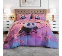 Couette 4 Saisons 240x260cm Fleurs De Cerisier Roses Pandas Couette Imprimée Réversible Microfibre sans Housse, Lavable en Machine, Couettes Légère Doux Chaude avec 2 Taies d'oreiller