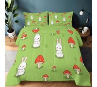 Couette 4 Saisons Avec Housse De Couette 3 Pièces 200 x 200 cm Motifs Dessin Animé Lapin Et Champignon Édredon Doux En Microfibre, Pour L’Hiver Et L’Été, Pour Enfants Et Personnes Allergiques, Vert
