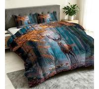 Couette 4 Saisons135x200 cm avec 2 taies d'oreiller 65x65 cm - Multicolore | Royaume Enchanté Édredon Réversible sans Housse Lavable, Cerf À Longs Bois Feuilles Mortes Couette Légère Matelassée