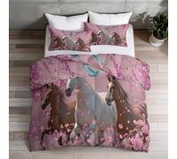 Couette Animal 135 x 200 cm 4 Saison, Réversible Parure lit Motif Cheval Fleur De Cerisier Oiseau, Rose Lavable en Machine Couette sans Housse avec 2 Taies d'oreiller pour Adolescents Adultes