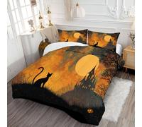 Couette Architecture Gothique du Chat Noir Douce et Confortable Couette Matelassée Thème d'halloween Édredon Légère en Polyester avec d’Oreiller 65x65 cm pour lit 2 Personnes 200x200cm Orange