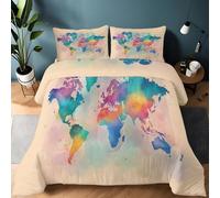 Couette Carte du Monde Moderne à l'aquarelle Couverture Super Douce pour 4 Saisons d'oreiller 260 x 240cm Imprimée Reversible pour Chaude Confortable Douceur extrême Couleur