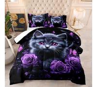 Couette Chat Fleur Violette Couette Enfant Adultes Polyester Doux Respirable Confort Tout au Long de L'année avec Taie d'oreiller 50x75 cm Lavable Lit 2 Personnes 228x228 cm