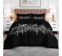 Couette Chaude Noir et Blanc Ville Architecture Vue Nocturne 200x200 cm, Moderne Édredon Légère pour Lit - Noir Couverture Douce 4 Saisons Courtepointe Lavable pour Enfants Filles Garçons Adolescents