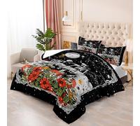 Couette Crâne Fleur Noire Couette Enfant Adultes Polyester Doux Respirable Confort Tout au Long de L'année avec Taie d'oreiller 50x75 cm Lavable Lit 2 Personnes 228x228 cm