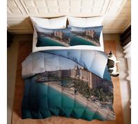 Couette D'été Moderne Monument Édredon 220 x 240 cm, Douce et Respirante Réversible Couverture Coton Lavé - Légère 4 Saisons Courtepointe Paysage Île Plage Arbres Matelassé pour Adultes - Bleu