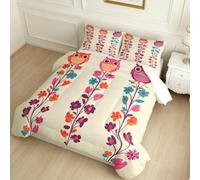 Couette Enfant 140 x 200 cm Hiboux et Fleurs Microfibre Imprimée Couleur Orange 4 Saisons, Couette 1 Personne avec Taie d’Oreiller 65x65 cm