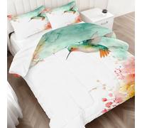 Couette Été 140x200 Colibri Fleurs Imprimée, Botanique Couette sans Housse en Microfibre, Réversible Ultra Douce Parure lit 2 Pièces avec Taie d'oreiller - 4 Saisons Lavable en Machine I&no164