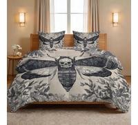 Couette Été Gothique Crâne 3 pc Parure de Lit pour lit 1 Personne - 100% Coton Lavé Légère et Fine - Animaux Papillon de Nuit Fleurs Plantes Édredon 4 Saisons et 140 x 200 cm + 2 Taies d'oreiller
