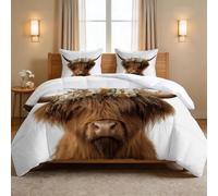 Couette Été Moderne Champêtre 3 pc Parure de Lit pour lit 1 Personne - 100% Coton Lavé Légère et Fine - Animaux Vache Highland Fleurs Édredon 4 Saisons et 140 x 200 cm + 2 Taies d'oreiller 65x65 cm