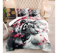 Couette Fleur Blanche Tigre Edredon Polyester Couette Epaisse Hiver Respirante Legere Edredon Duvet 4 Saisons Couettes Lavable Duvet Chaude Édredon+2 Taies d'oreiller(50x75cm) 228x228cm