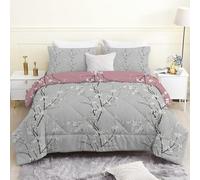 Couette Fleur Prunier Grise 260x240 cm, Legère 4 Saisons Imprimée Plantes Branches pour Lit 2 Personnes - Edredon Sans Housses et 2 Taies D'Oreiller 65x65 cm